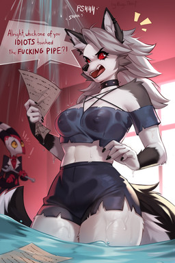 angry anthro anthro_focus black_nose bottomwear choker clothed clothed_anthro clothed_female clothed_humanoid clothed_male clothing collar crop_top dialogue duo female female_anthro female_focus flooding fur grey_body grey_fur grey_hair hair horn jewelry male male_humanoid midriff multicolored_body multicolored_fur navel necklace nipple_outline paper partially_submerged profanity red_body red_sclera red_skin shirt shorts solo_focus speech_bubble spiked_collar spikes standing standing_in_water suit text tools topwear translucent translucent_clothing two_tone_body two_tone_fur water wet wet_body wet_clothing wet_fur white_body white_eyes white_fur wrench bug_thief hellaverse helluva_boss mythology blitzo_(helluva_boss) loona_(helluva_boss) canid canid_demon canine demon hellhound humanoid imp mammal mythological_canine mythological_creature english_text hi_res adopted_(lore) adopted_daughter_(lore) adoptive_father_(lore)