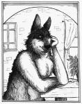 1995 anthro archived_source bd black_and_white border canid canine canis holding_cheek looking_at_viewer male mammal monochrome pen_(artwork) slightly_chubby solo thinking traditional_media_(artwork) white_border wolf