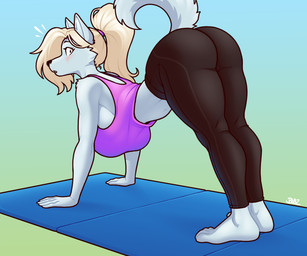 anthro ass_up bent_over big_breasts big_butt black_bottomwear black_clothing black_pants blonde_hair bottomwear bra breasts butt clothed clothed_anthro clothed_female clothing exercise female fur hair hanging_breasts looking_at_viewer looking_back looking_back_at_viewer pants ponytail raised_tail solo sports_bra tail thick_thighs tight_bottomwear tight_clothing tight_pants underwear white_body white_fur wide_hips yoga yoga_mat yoga_pants blazbaros canid canine mammal 2025 6:5