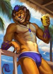 alcohol anthro athletic athletic_anthro athletic_male beach beverage briefs bulge clothed clothing cocktail cocktail_glass container cup detailed_background drinking_glass fur glass glass_container glass_cup hair jewelry leaning looking_at_viewer male muscular muscular_anthro muscular_male navel palm_tree pendant plant purple_ears purple_hair purple_tail seaside sky smile solo swimwear tail teeth topless topless_anthro topless_male tree underwear water yellow_eyes dimonis dexterlion felid lion mammal pantherine 2023 digital_drawing_(artwork) digital_media_(artwork) hi_res shaded signature watermark