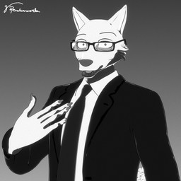 black_tie_(suit) claws clothing ears_up eyewear finger_claws fur gesture glasses glowing glowing_eyes grey_body grey_fur hand_gesture looking_at_viewer male necktie pointing pointing_at_self solo suit surprised vermilionrenderworks beastars there_are_federal_agents_outside_my_house legoshi_(beastars) canid canine canis mammal wolf 1:1 black_and_white hi_res meme monochrome