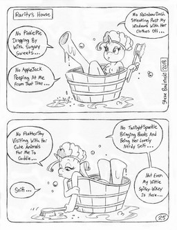 anthro barrel bath bath_brush bathtub bored brush butt dialogue eyelashes female horn lonely nipples nude nude_anthro nude_female shower_cap solo speech_bubble talking_to_self text text_box unicorn_horn water wood_barrel circe_(artist) friendship_is_magic hasbro my_little_pony mythology rarity_(mlp) equid equine mammal mythological_creature mythological_equine unicorn comic english_text monochrome