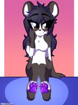 4_toes anthro barefoot blue_hair breasts brown_eyes chibi feet female fur hair hindpaw looking_at_another multicolored_body multicolored_fur pawpads paws presenting purple_hair purple_pawpads sitting smile solo toes two_tone_body two_tone_fur shinymeowmeow peach_panda bear giant_panda mammal 3:4 absurd_res hi_res