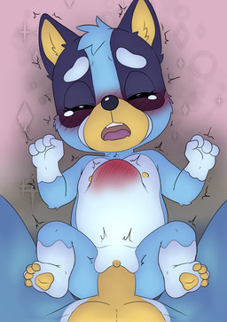 animal_feet barefoot big_penis blush bodily_fluids body_fur clenched_hands erection eyebrows feet female genitals hands_up legs_up loli lying male neonate nipples nose_blush nude on_back open_mouth pawpads penis raised_eyebrows sex shaking spread_legs spreading tail tears teeth trembling vaginal vulva young joykill bluey_(series) bandit_heeler bingo bluey_heeler hi_res