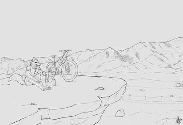 5_fingers anthro backpack bicycle bodypaint bottle bottomwear clothing collared_shirt container detailed_background eyewear fingers fluffy fur glasses long_tail looking_aside male mountain nature polo_shirt road rock shirt shorts sitting sleeping_bag solo tail topwear utility_pole vehicle wolfarion canid canine canis mammal wolf 2020 absurd_res hi_res monochrome signature