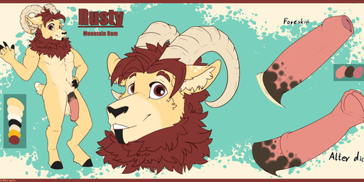 animal_genitalia animal_penis anthro body_hair bovid_horn caprine_horn chest_fur chest_hair chest_tuft equine_genitalia equine_penis fluffy fluffy_chest foreskin genitals hair hooves horn humanoid_genitalia male markings mottled mottled_genitalia muscular muscular_male penis ram_horn red_eyes red_hair ring short_tail smile smiling_at_viewer solo tail tuft sunstriderarts bovid caprine mammal sheep absurd_res hi_res model_sheet