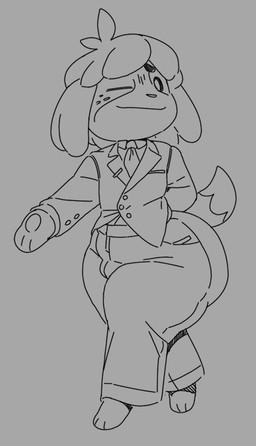 accessory anthro big_butt bottomwear bulge butt cartoon_freckles clothed clothed_anthro clothed_male clothing freckled_face freckles fully_clothed fully_clothed_anthro fully_clothed_male hair hand_behind_back huge_butt looking_at_viewer male male_anthro necktie one_eye_closed pants shortstack shortstack_male smile smiling_at_viewer solo suit tail thick_thighs walking wide_hips wink winking_at_viewer aortauricle animal_crossing nintendo digby_(animal_crossing) canid canine canis domestic_dog mammal shih_tzu toy_dog 2026 black_and_grey digital_drawing_(artwork) digital_media_(artwork) monochrome sketch