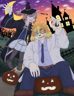 anthro blonde_hair clothing coat duo eyewear female floppy_ears glasses hair hat headgear headwear holidays lab_coat male necktie one_eye_closed pawpads solo sunset topwear wink witch_costume witch_hat kemono_gakubuti halloween lifewonders live_a_hero cat_operator hisaki_(live_a_hero) protagonist_(live_a_hero) canid canine canis domestic_cat domestic_dog felid feline felis mammal hi_res