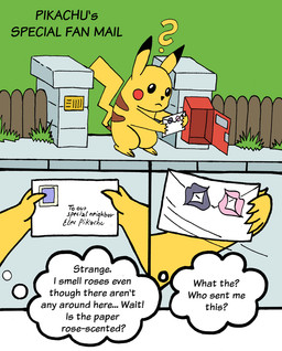 dialogue fan_mail fence kiss_mark letter love_letter mailbox male outside question_mark simple_background solo text thought_bubble culu-bluebeaver nintendo pokemon elec_(culu_bluebeaver) generation_1_pokemon pikachu pokemon_(species) comic english_text