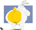 anthro big_butt blush bouncing_butt buckteeth butt female fur huge_butt neck_tuft nude nude_anthro nude_female overweight overweight_anthro shaking_butt solo teeth thick_thighs tuft twerking white_body white_fur yellow_body yellow_fur sketchiest_affairs emory_(oopsallnoodles) lagomorph leporid mammal rabbit hi_res