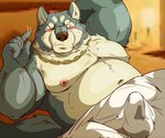 anthro balls_outline bedding belly blanket blush bulge clothed clothing detailed_bulge erection erection_under_clothing genital_outline humanoid_hands kemono male moobs navel nipples overweight overweight_anthro overweight_male penis_outline solo raichoclub canid canine canis mammal wolf 2019