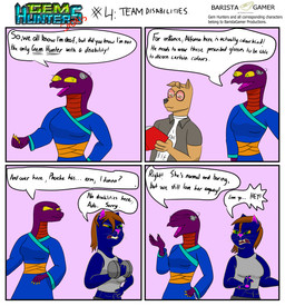 abs anthro book clothed clothing cochlear_implant_processor deaf dialogue eyewear female glasses group male open_clothing open_shirt open_topwear reading reading_book shirt simple_background standing tank_top text topwear weights baristagamerproductions gem_hunters ada_(gem_hunters) alfonso_(gem_hunters) phoebe_(gem_hunters) canid canine canis dingo felid feline mammal reptile scalie snake absurd_res comic english_text hi_res