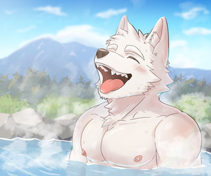 abs anthro eyes_closed fur hair hot_spring male muscular muscular_male nipples onsen open_mouth outside pecs plant relaxing sky smile solo tongue tongue_out tree water white_body white_fur nmoresmore canid canine canis mammal wolf 6:5 hi_res