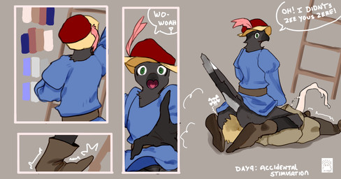 accident accidental_exposure accidentally_gay anthro beak belt bodily_fluids book bookshelf boots butt clothed clothing cum dialogue duo facesitting feathers footwear furniture genital_fluids hat headgear headwear ladder male male/male shirt shoes sitting_on_another speech_bubble tail tail_feathers text topwear tunic drstrangeluvve amon_(drstrangeluvve) avian bird black-billed_magpie corvid holarctic_magpie human magpie_(corvid) mammal oscine passerine english_text hi_res