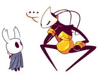 ambiguous_gender antennae_(anatomy) anthro armor arthropod_abdomen black_body cloak cloak_only clothing duo featureless_feet feet female gold_(metal) horn mask size_difference 87_god hollow_knight:_silksong hollow_knight_(franchise) team_cherry shakra_(hollow_knight:_silksong) the_knight_(hollow_knight) arthropod vessel_(species)