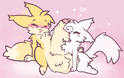 anthro anthro_on_anthro balls big_penis blush cheek_tuft chest_tuft chibi countershading eyes_closed facial_tuft fluffy_balls fluffy_foreskin foreskin furry_penis genitals glans heart_symbol huge_penis hugging_penis humanoid_genitalia humanoid_penis hyper hyper_genitalia hyper_penis penis pink_background simple_background small_but_hung sparkles tail tongue tongue_out tuft caeleste corona_(caeleste) tahna_(caeleste) canid canine domestic_cat felid feline felis fox mammal 2025