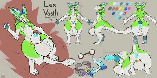 2_horns accessory animal_genitalia animal_penis anthro anus ball_tuft balls big_anus big_balls big_butt big_penis blue_insides blush butt canine_genitalia canine_penis cock_ring fur genitals green_body green_fur heterochromia horn huge_balls huge_penis hyper hyper_balls hyper_genitalia hyper_penis jewelry knot knotted_penis male penis penis_accessory penis_jewelry solo thick_thighs tuft white_body white_fur ketei lex_vasili hybrid sergal absurd_res hi_res model_sheet