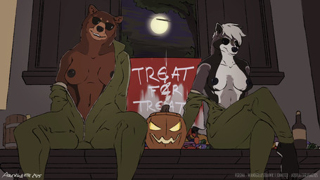 alcohol anthro aviator_glasses aviators beer beverage big_breasts breasts candy clothing dark_nipples dessert duo exposed_breasts eyewear female flashing flashing_breasts food glasses holidays jack-o'-lantern jumpsuit looking_at_viewer muscular muscular_female night smile teeth thick_thighs undressing unzipped_jumpsuit aquila_chrysaetos halloween jennifer_(aquila_chrysaetos) verena_(wanderlusthawk) bear brown_bear grizzly_bear mammal procyonid raccoon ursine 16:9 hi_res widescreen