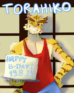 anthro birthday blue_bottomwear blue_clothing blue_eyes bottomwear brown_body brown_fur brown_stripes cake clothing countershade_arms countershade_face countershade_torso countershading dessert food fur male multicolored_body multicolored_fur one_eye_closed open_mouth open_smile pink_nose red_clothing red_shirt red_tank_top red_topwear shirt smile solo striped_body striped_fur stripes tail tank_top text topwear wink yellow_body yellow_fur sparkle_b0t morenatsu torahiko_ooshima felid mammal pantherine tiger 2025 dated english_text hi_res