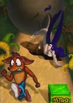 bottomwear boulder claws clothing duo female feral hair imminent_danger male male/female pants paws purple_hair rock running tail tail_tuft tuft wings oracle_sphinx activision crash_bandicoot_(series) crash_bandicoot tiana_(oracle_sphinx)