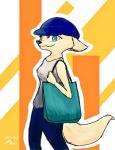 abstract_background anthro black_nose blue_eyes bottomwear clothed clothing fully_clothed fur hat headgear headwear holding_object pants shirt solo tan_body tan_fur tank_top topwear marema_kishin disney zootopia skye_(zootopia) arctic_fox canid canine fox mammal true_fox 2018 digital_media_(artwork) hi_res