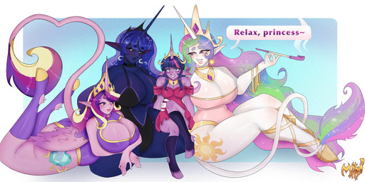 arm_around_waist arm_under_breasts bare_shoulders big_breasts black_clothing black_leotard blonde_highlights blue_body blue_hair blush blush_lines breasts choker cleavage cleavage_cutout clothed clothing crown cutie_mark cutout dialogue dress feathered_wings feathers female footwear full_cleavage geometric_background group hair headgear highlights_(coloring) hooves horn huge_breasts humanoid_pointy_ears jewelry knee_highs knee_socks larger_female legs_together legwear leotard long_tail lying multicolored_hair necklace on_front pink_body pink_clothing pink_dress pink_hair pink_leotard pointy_ears purple_body purple_clothing purple_eyes purple_leotard rainbow_hair simple_background sitting_on_leg size_difference small_waist smaller_female smoking_pipe socks spread_legs spreading strapless_clothing strapless_leotard tail text tiara unguligrade white_body wide_hips wings miwmay friendship_is_magic hasbro my_little_pony mythology princess_cadance_(mlp) princess_celestia_(mlp) princess_luna_(mlp) twilight_sparkle_(mlp) animal_humanoid equid equid_humanoid equine humanoid mammal mammal_humanoid mythological_creature mythological_equine unicorn unicorn_humanoid winged_unicorn winged_unicorn_humanoid 2026 absurd_res english_text hi_res