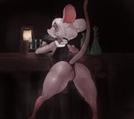 anthro anus blush butt cage_(artist) clothing clothing_aside female fur genitals hair hi_res laboratory lamp lantern leotard leotard_aside looking_at_viewer looking_back mammal mouse murid murine presenting presenting_hindquarters pussy rodent solo vanessa_redpaw
