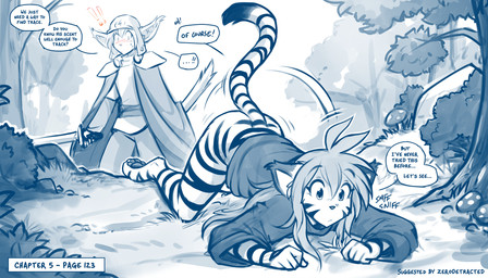 5_fingers all_fours anthro armor aroused ass_up barefoot biped blush bodily_fluids bottomless bottomless_anthro bottomless_female bottomwear butt clothed clothed_anthro clothed_female clothed_male clothing dialogue digitigrade dipstick_tail duo feet female female_anthro fingers forest forest_background front_view fully_clothed fully_clothed_anthro fully_clothed_male fur gesture hair headgear helmet holding_melee_weapon holding_object holding_sword holding_weapon humor looking_at_butt male male_anthro markings melee_weapon nature nature_background onomatopoeia outside partially_clothed partially_clothed_anthro partially_clothed_female pawpads paws plant raised_tail sniffing sound_effects standing striped_body striped_fur striped_markings striped_tail stripes sweat sweatdrop sword tail tail_boner tail_gesture tail_markings text toes topwear tracking tree weapon conditional_dnp tom_fischbach twokinds flora_(twokinds) keith_keiser basitin felid keidran mammal pantherine tiger 2026 7:4 blue_and_white digital_drawing_(artwork) digital_media_(artwork) english_description english_text hi_res monochrome redraw sketch spot_color