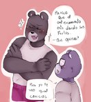 anthro blush bottomwear clothing dialogue duo eyes_closed eyewear glasses male pants purple_body shirt text topwear zadscat unicorn_wars padre_(unicorn_wars) sargento_caricias bear mammal 2023 hi_res spanish_text