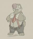 anthro barefoot biped bottomwear clothing dress_shirt drilbur emusal feet front_view generation_5_pokemon grey_background hi_res looking_away male mammal monochrome necktie nintendo open_mouth pants pokemon pokemon_(species) pose sepia shirt simple_background slightly_chubby solo standing suspenders tan_background topwear