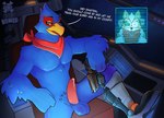 anthro blaster blue_body bodily_fluids boots clothing cockpit footwear genital_fluids genitals male nude penis precum scarf shoes text alyxavian nintendo star_fox falco_lombardi fox_mccloud avian bird canid canine fox mammal hi_res