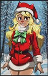 anthro blonde_hair bottomwear brown_body brown_fur christmas_clothing christmas_headwear clothing costume female freckles fur glistening glistening_hair hair hat headgear headwear holidays plant red_clothing red_nose red_suit ribbons santa_costume santa_hat skirt snow snowing solo suit tree 0l-fox-l0 christmas deltarune undertale_(series) noelle_holiday deer mammal new_world_deer reindeer absurd_res hi_res