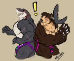 abs anthro ass_to_ass blush bulge butt clothed clothing duo facial_piercing jockstrap lip_piercing male male/male muscular muscular_male nose_piercing pecs piercing pink_clothing pink_underwear purple_clothing purple_underwear scar simple_background skimpy snakebite_piercing teasing topless underwear manlyshark manlyshark_(character) bear fish mammal marine shark absurd_res hi_res