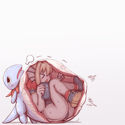 >_< abdominal_bulge ambiguous_gender ambiguous_pred big_breasts blonde_hair blue_body blush bodily_fluids breasts cape chibi cleavage clothed clothing crying duo ear_fins erect_nipples eyes_closed female female_prey feral feral_pred fin footwear fully_inside hair hat headgear headwear huge_breasts human_prey immobile nipples one-piece_swimsuit shoes simple_background size_difference smaller_pred swimwear tears tiptoes vore white_background white_body white_skin 57mm mana_(series) square_enix trials_of_mana succube animal_humanoid aquatic aquatic_humanoid fish fish_humanoid human humanoid mammal pakkun_(mana) 1:1 hi_res