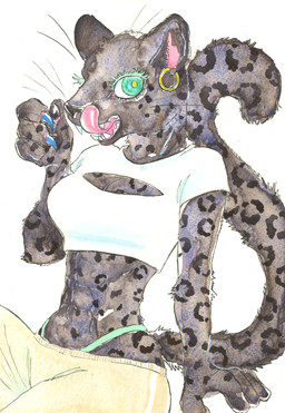 abs anthro breasts clothed clothing ear_piercing ear_ring female green_eyes piercing ring_piercing solo tail tongue tongue_out underwear kyokyota felid leopard mammal pantherine 2022 absurd_res hi_res traditional_media_(artwork)