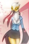 anthro beak bottomwear breasts business_suit cleavage clothed clothing eyes_closed feathered_wings feathers female inside long_neck markings mole_(marking) non-mammal_breasts pencil_skirt skirt solo standing suit white_body white_feathers wide_hips winged_arms wings rin_tyan aggretsuko sanrio secretary_washimi accipitriform avian bird secretary_bird digital_media_(artwork) hi_res shaded