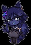 anthro big_breasts blue_body blue_eyes blue_fur blue_hair breasts chibi clothing female fur gesture hair hand_gesture huge_breasts looking_at_viewer mammal open_mouth procyonid raccoon snuffy v_sign vtuber zak_hitsuji