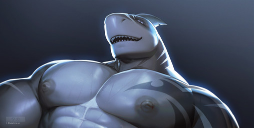 abs anthro areola arm_tattoo barazoku bodily_fluids dark_room earless fin gills grey_areola grey_background grey_body grey_nipples grey_scales head_fin logo looking_down low-angle_view male muscular muscular_anthro muscular_male nipples notched_fin open_mouth pecs scales sharp_teeth shoulder_tattoo simple_background solo sweat tattoo teeth twitter_handle takahirosi orland_(takahirosi) aquatic fish shark 2025 2026 artist_logo hi_res