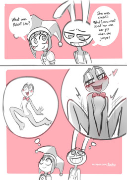 anthro blush bow_tie bow_tie_only clothing duo female flashback fool's_hat hat headgear headwear heart_symbol hearts_around_head imagination jester male male/female mostly_nude overalls pinwheel_eyes rabbit_ears remembering rosy_cheeks small_waist smile speech_bubble text jizoku glitch_productions the_amazing_digital_circus jax_(tadc) pomni_(tadc) ribbit_(tadc) amphibian frog humanoid lagomorph leporid mammal rabbit absurd_res comic english_text hi_res