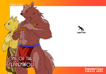 anthro bottomwear clothing duo eyes_closed humanoid_hands loincloth male text himachi canid canine mammal 2015