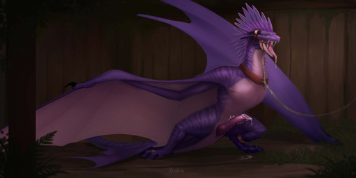 animal_genitalia animal_penis bodily_fluids bound bridle chain chain_leash chained claws cloaca cloacal_penis collar dripping erection feathers feral genital_fluids genitals grass head_feathers jewelry leash leashed_collar lighter_belly male markings membrane_(anatomy) membranous_wings open_mouth penis plant precum precum_drip purple_body purple_feathers saliva saliva_drip saliva_string solo spread_wings striped_markings stripes tail tail_on_ground teeth tongue tongue_out vertical_cloaca wings yellow_eyes ztalex european_mythology mythology verro dragon mythological_creature mythological_scalie scalie western_dragon wyvern hi_res