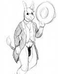 anthro asinus black_and_white bottomless bow_(feature) bow_tie clothed clothing donkey equid equine flaccid genitals hair hat headgear headwear hi_res hladilnik male mammal mascot monochrome penis smile solo sombrero tata's_burritos