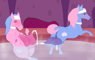 animal_genitalia animal_vulva anus aroused bath bathhouse bathing bathroom bedroom_eyes big_butt big_teats blue_body blue_eyes blue_hair bodily_fluids butt clitoral_winking clitoris duo equine_genitalia equine_vulva female feral furniture genitals hair huge_teats lactating looking_at_viewer looking_back looking_back_at_viewer milk milk_pool narrowed_eyes pink_body pink_hair presenting presenting_hindquarters puffy_anus raised_tail seductive sofa squeezing steam tail teat_squish teats vulva stoopedhooy friendship_is_magic hasbro my_little_pony aloe_(mlp) lotus_(mlp) equid equine horse mammal pony 2020 digital_media_(artwork) story story_in_description