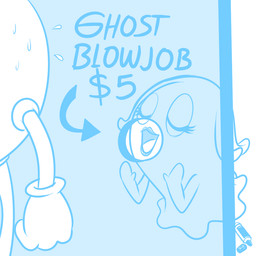 bodily_fluids duo female glory_hole lips male not_furry sweat text unknown_artist bandai_namco pac-man_(series) pac-man_and_the_ghostly_adventures pac-man pinky_(pac-man) ghost pac-worlder spirit waddling_head 1:1 blue_and_white english_text monochrome