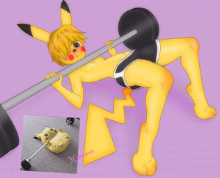 anthro athletic barbell bench_press blush bottomwear clothing exercise femboy high-angle_view holding_object male on_ground shaking shorts solo tail yellow_body renyartz nintendo pokemon generation_1_pokemon mammal pikachu pokemon_(species) rodent absurd_res hi_res meme