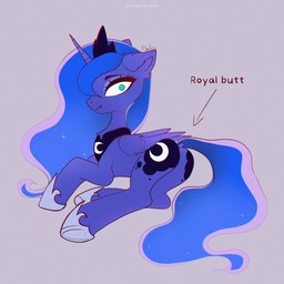 1_horn black_tiara blue_eyes blue_eyeshadow blue_hair blue_tail butt butt_focus closed_smile crescent_moon_(marking) cutie_mark directional_arrow eyeshadow female female_feral feral grey_background grey_hooves hair highlights_(coloring) hooves horn looking_at_viewer looking_back makeup markings monotone_background moon_(marking) mouth_closed pink_highlights pupils purple_body purple_horn purple_wings simple_background small_pupils smile solo spiral_horn tail text white_markings wings nnalyart friendship_is_magic hasbro my_little_pony mythology princess_luna_(mlp) equid equine mammal mythological_creature mythological_equine winged_unicorn 1:1 2025 digital_drawing_(artwork) digital_media_(artwork) english_text hi_res