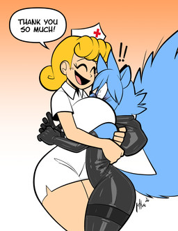 anthro armwear between_breasts big_breasts black_armwear black_bodysuit black_clothing black_elbow_gloves black_gloves black_handwear black_latex black_skinsuit blonde_hair blue_body blue_fur blue_hair blush bodysuit breasts clothed clothed_anthro clothed_female clothed_human clothing dialogue duo elbow_gloves face_between_breasts female female/female fluffy fluffy_tail fur gloves hair handwear happy hat headgear headwear hood hoodie_bodysuit huge_breasts latex latex_armwear latex_bodysuit latex_clothing latex_elbow_gloves latex_gloves latex_handwear latex_skinsuit nurse nurse_clothing nurse_hat nurse_headwear skinsuit speech_bubble tail text thanking tight_clothing white_clothing lettuce_(artist) lettuce_(lettuce) human mammal rodent sciurid tree_squirrel 2026 absurd_res english_text hi_res