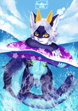 antennae_(anatomy) anthro balls belly blue_body blue_ears blue_face blue_fur blue_legs blue_sky clothed clothing cloud detailed_background donut_pool_toy ear_piercing femboy fur genitals hair inner_ear_fluff long_hair looking_at_viewer male markings multicolored_body multicolored_ears multicolored_fur multicolored_tail nude partially_clothed partially_submerged paws penis piercing pillow pink_nose pink_penis pink_pillow pupils shoulder_length_hair simple_background sky slit_pupils solo swimming tail text tuft underwater underwater_view water wave white_balls white_body white_face white_fingers white_fur white_hair yellow_antennae yellow_body yellow_eyes yellow_fur yellow_markings arakavi em_(emko) arthropod felid feline hybrid insect lepidopteran mammal moth absurd_res artist_name digital_media_(artwork) digital_painting_(artwork) full-length_portrait hi_res lineless painting_(artwork) portrait