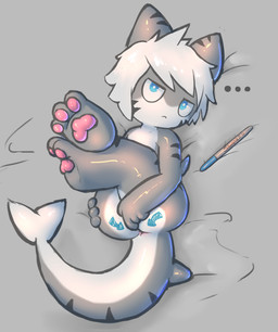 anthro anus crossed_legs directional_arrow dots ellipsis gesture hand_gesture inviting inviting_viewer legs_up lying male on_back pawpads pointing shark_tail sign solo tail unimpressed young young_anthro young_male badipoki changed_(video_game) sharpie the_shark_(changed) tiger_shark_(changed) fish latex_creature marine requiem_shark shark tiger_shark absurd_res hi_res