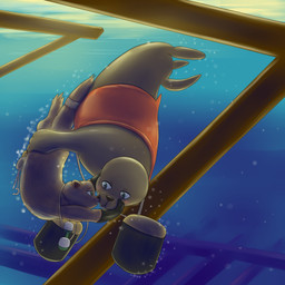 blush bubble clothing female feral gloves handwear love nuzzling orange_clothing orange_topwear orange_vest screwdriver swimming tools topwear underwater vest water wooden_beam mewscaper mammal marine mustelid otter pinniped sea_otter seal 1:1 2022 absurd_res hi_res
